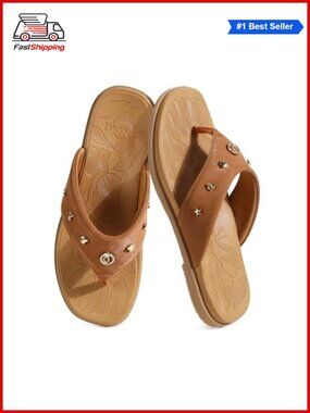ONCAI Women's Studded Flip Flops Faux Leather Rubber Sole Slip On Sandals